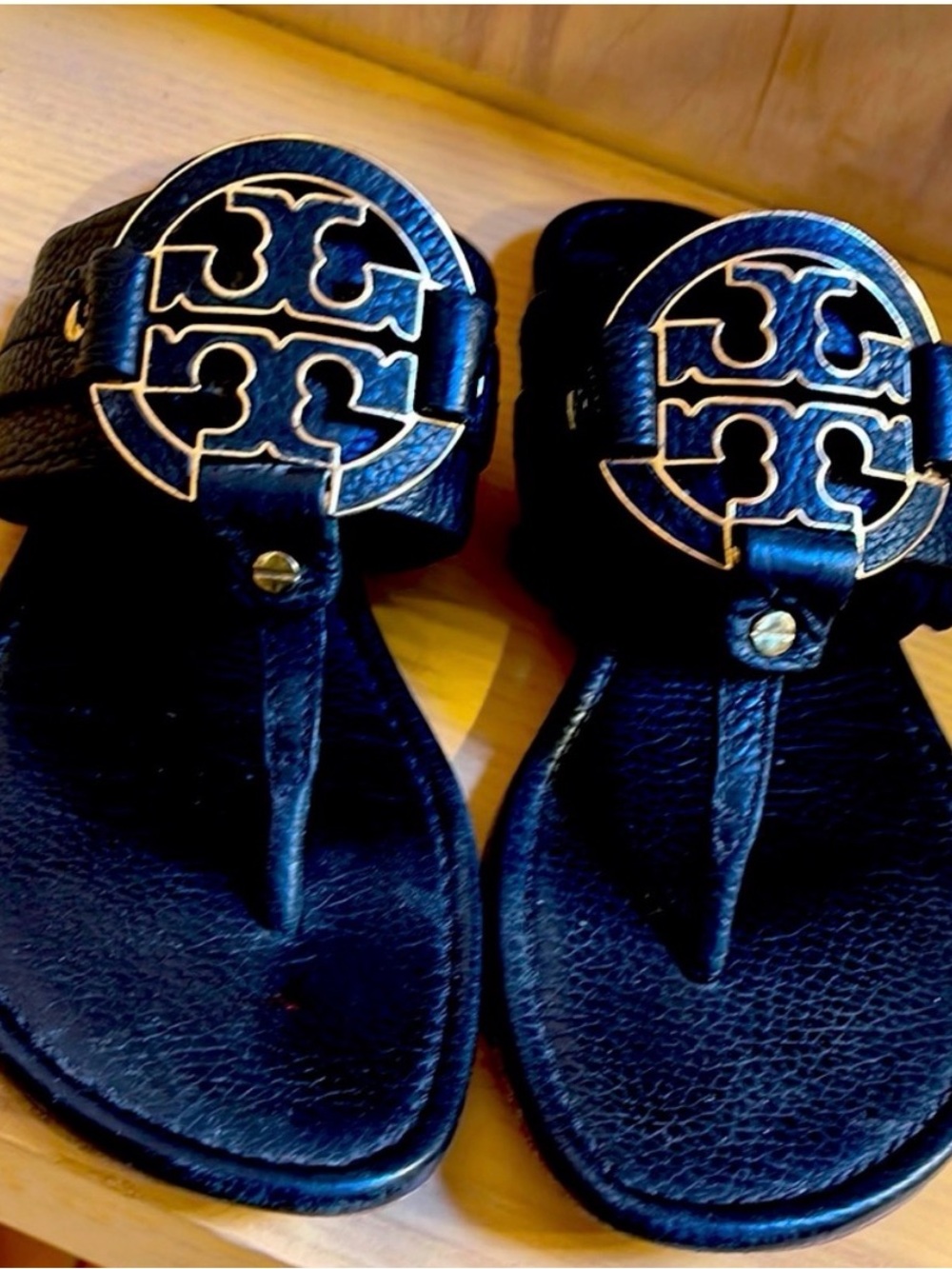 Tory Burch Black Leather Logo Thong Sandals